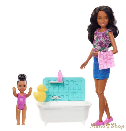Barbie fürdető bébiszitter játékszett - fekete hajú