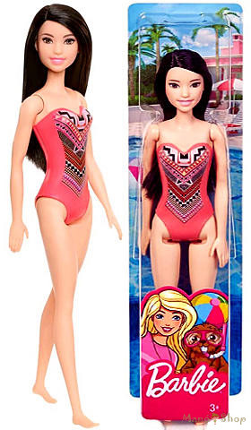 Barbie - Fekete Hajú Beach Baba Korallszínű Fürdőruhában