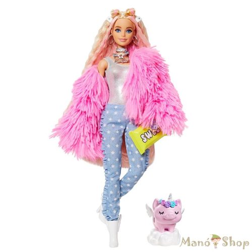 Barbie Extravagáns baba - Rózsaszín kabátban unikornis kismalaccal
