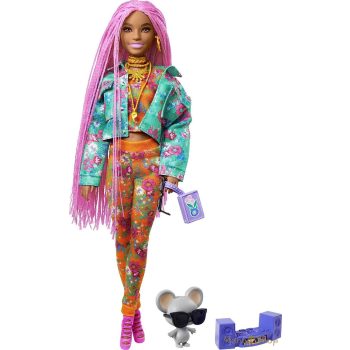   Barbie - Fashionistas Extravagáns barna bőrű rózsaszín hajú baba kisegérrel (GXF09)