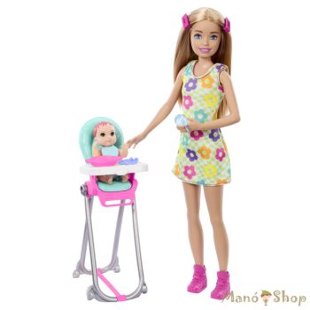   Barbie - Skipper Babysitters - Szőke hajú baba etetőszékben ülő kisbabával