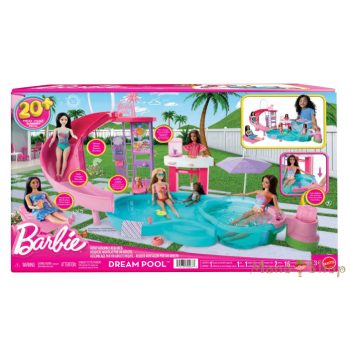  Barbie - Medencés Buli Játékszett csúszdával és +20 kiegészítővel (JFP01)